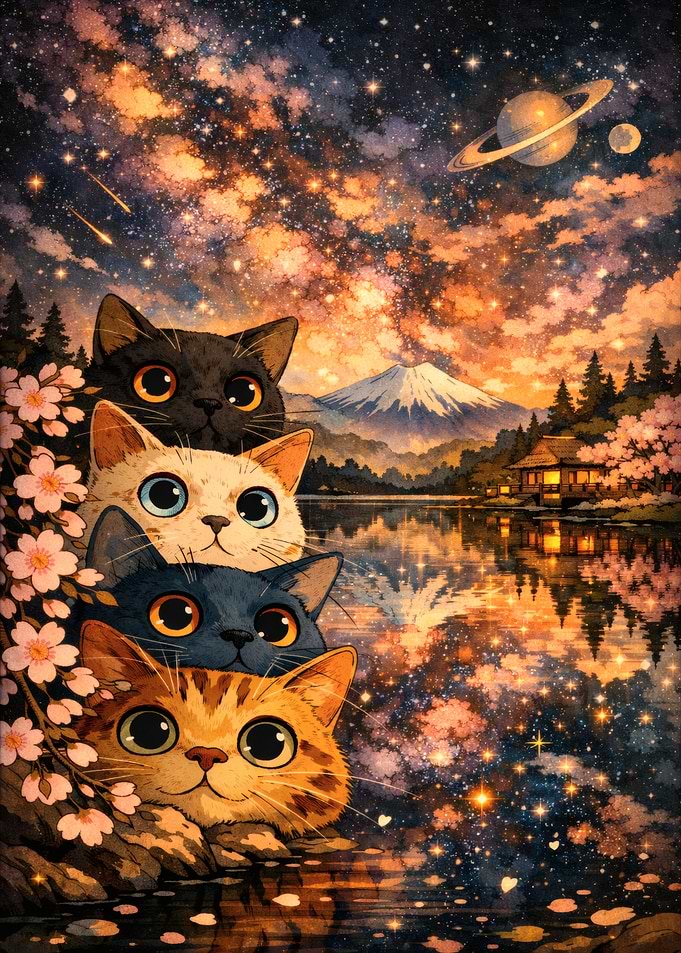 Cute Cats in a Cosmic Japanese Landscape