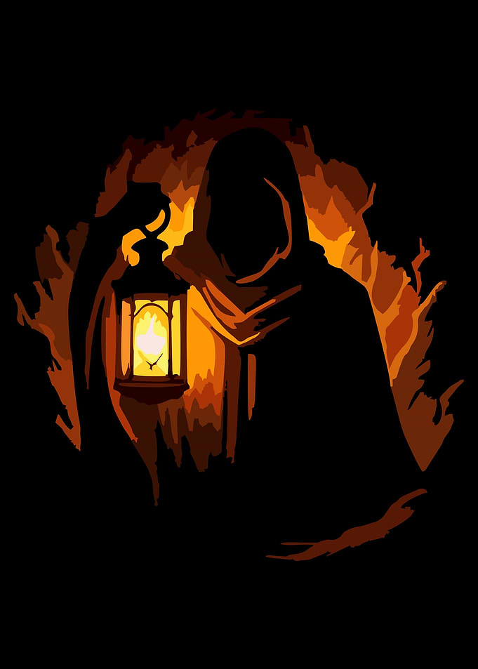 Figure with Lantern in Forest