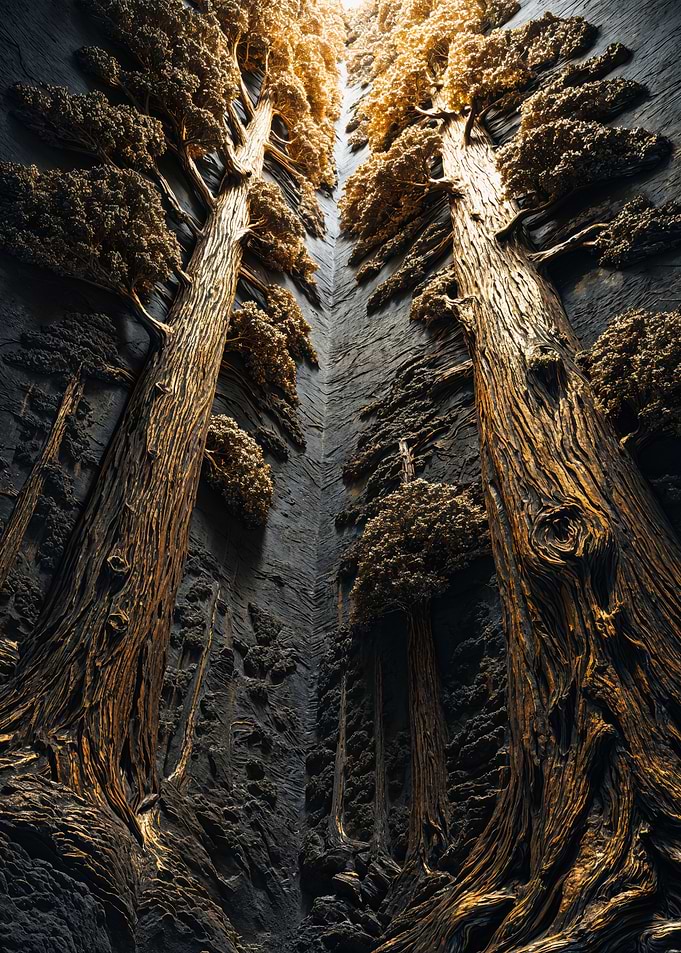 Golden Giant Trees Stone Relief