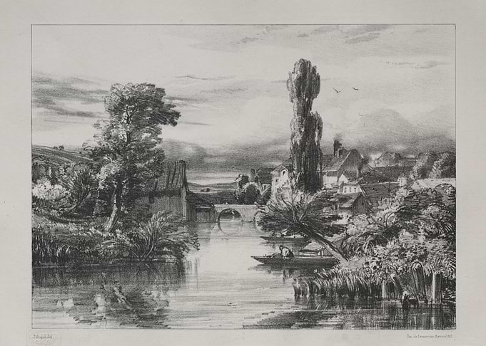 River scene with village and bridge