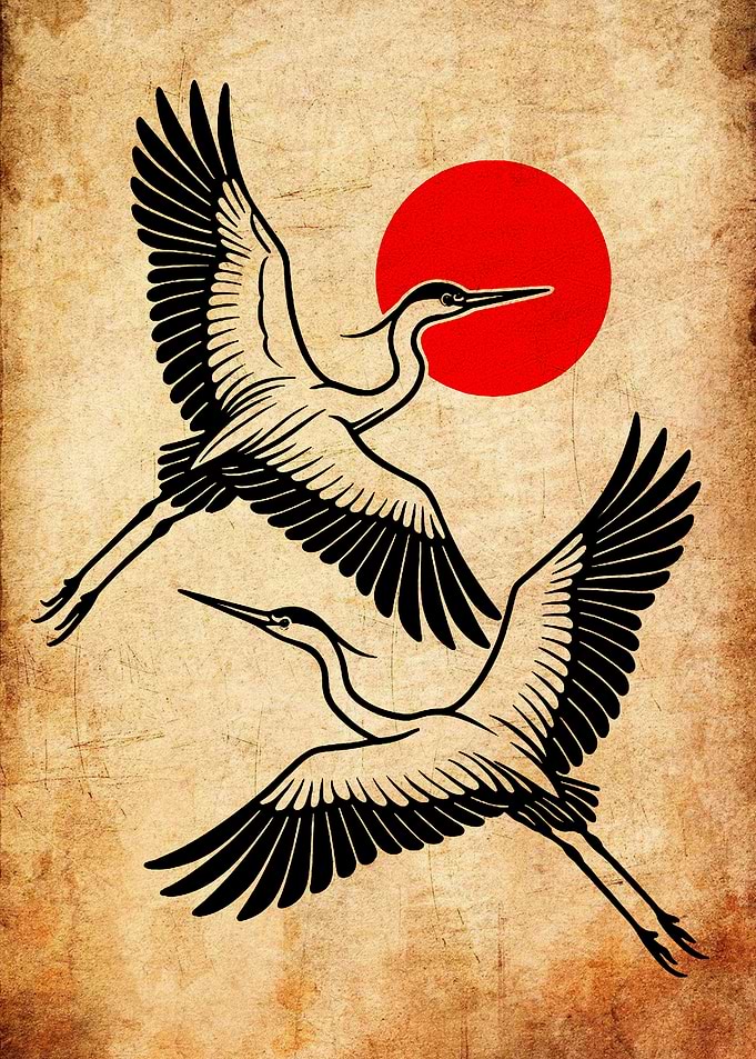 Two Cranes Flying with a Red Sun