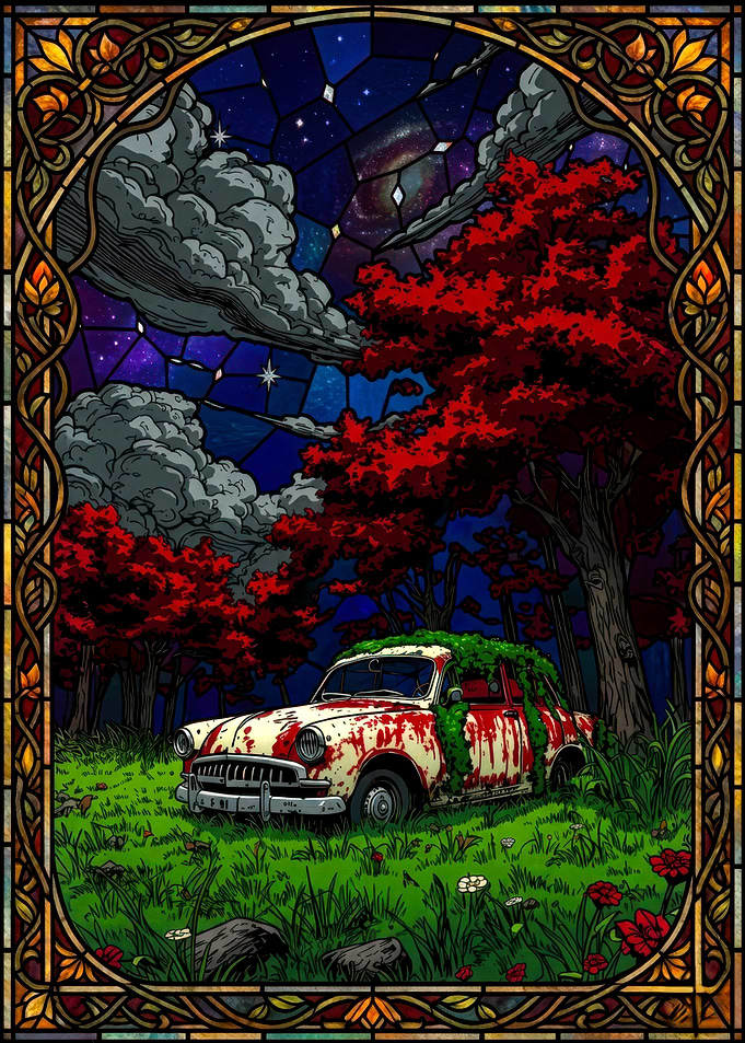 Abandoned car under starry sky
