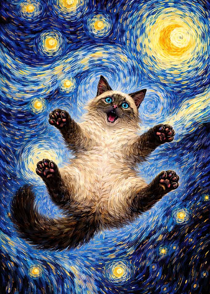 Siamese Cat falling in the Starry Night Sky