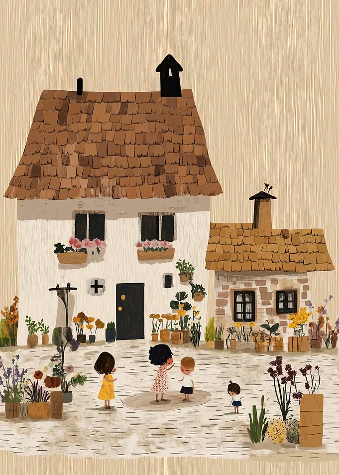 Children playing in a quaint village courtyard