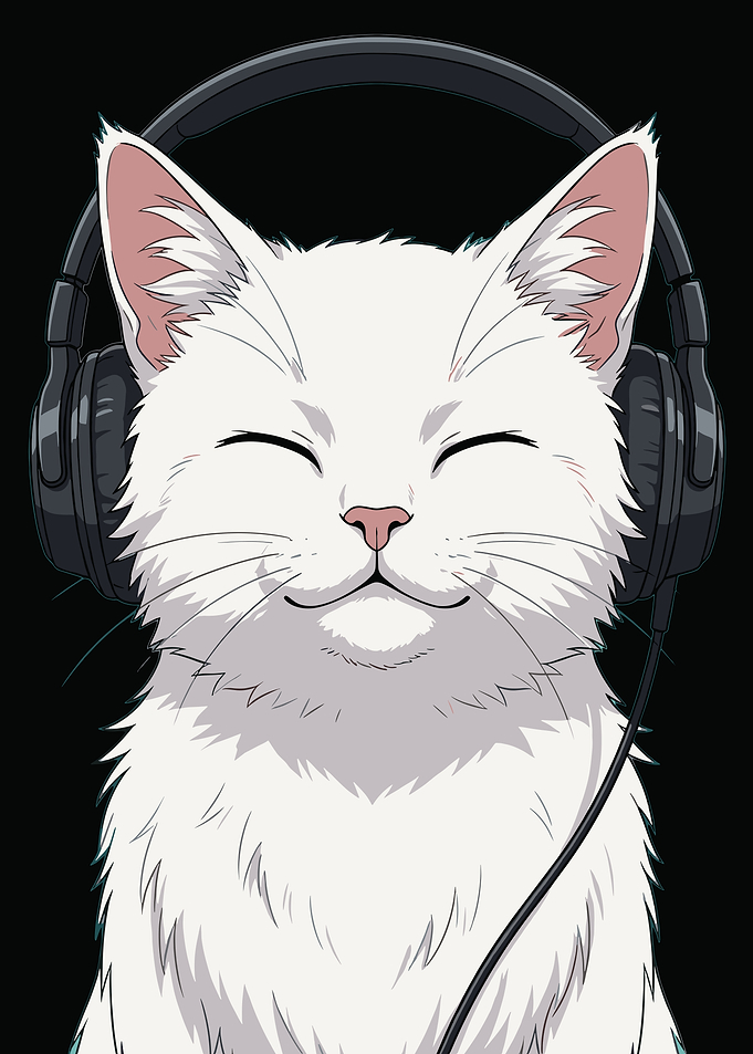 White Cat Wearing Headphones