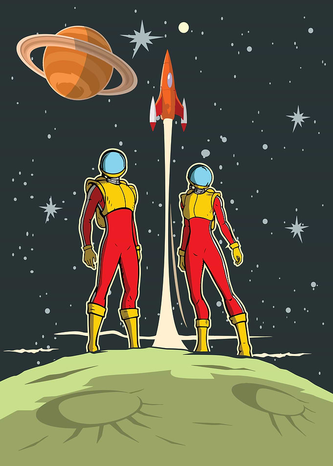 Retro Astronauts Launching Rocket