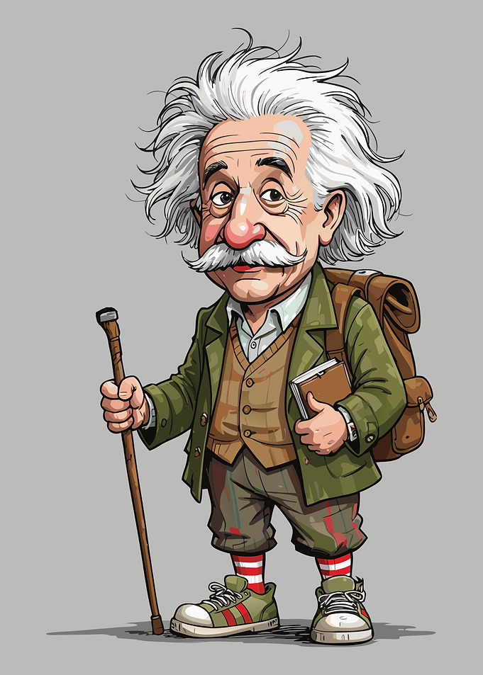 Cartoon Albert Einstein with Backpack and Cane