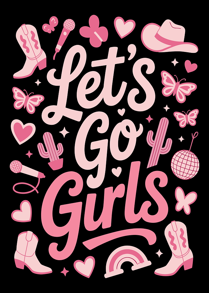 Let’s Go Girls Poster, Pink Western Disco Cowgirl Wall Art, Retro Girly Print