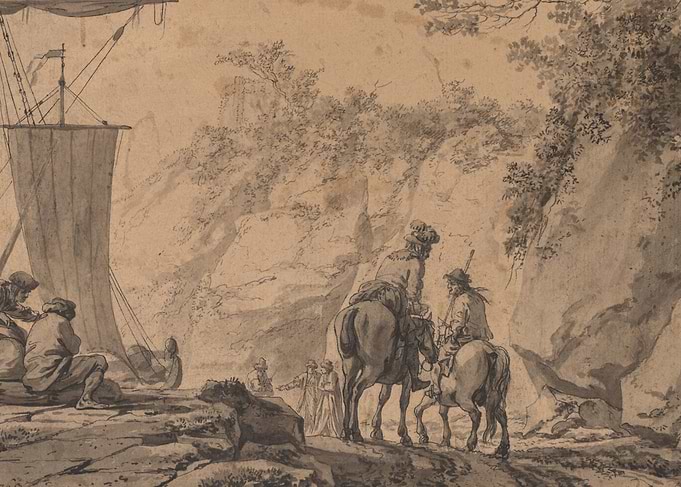 Figures on horseback by a rocky landscape and boat