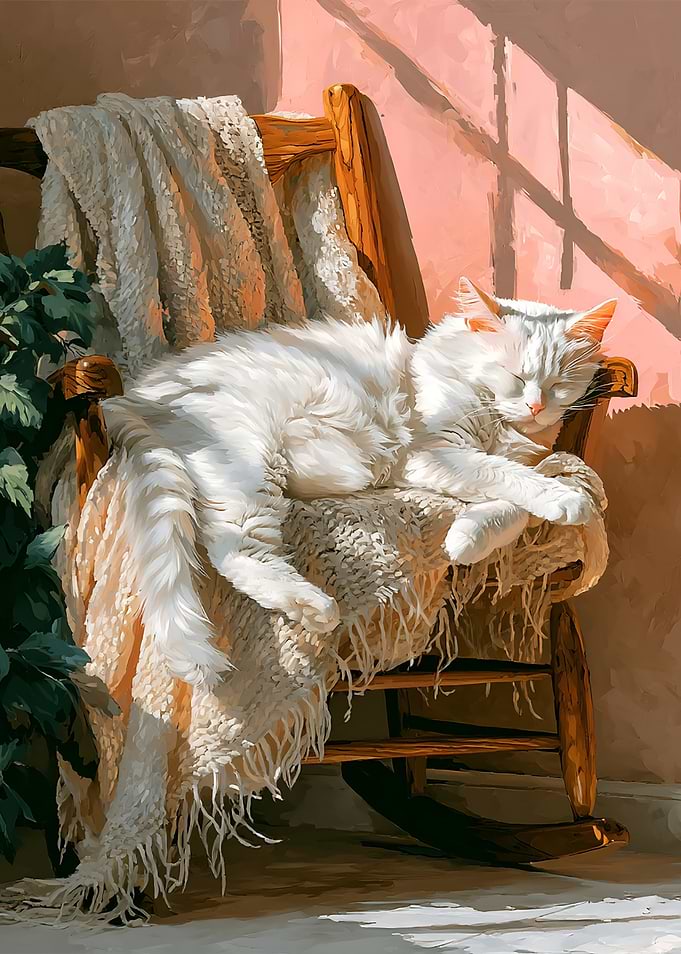 White Cat Sleeping on a Rocking Chair