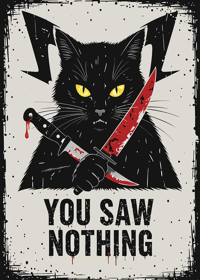 Menacing Black Cat with Bloody Knife