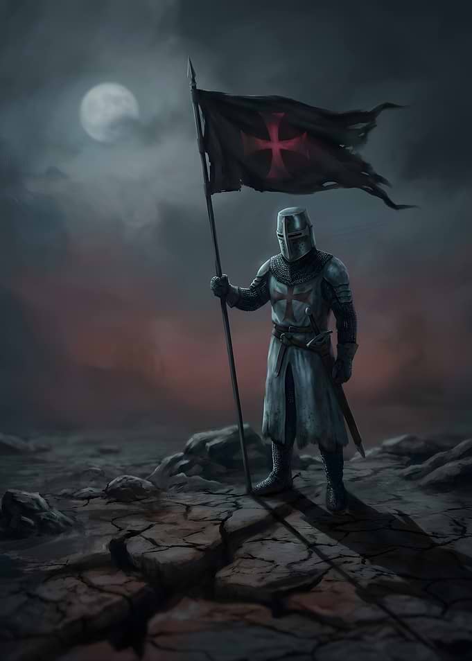 Knight Holding Tattered Templar Flag