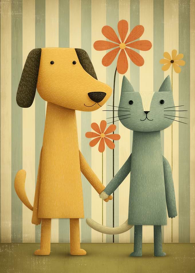 Dog and Cat Holding Hands
