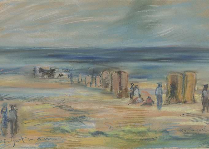 Beach Scene with Figures and Chairs