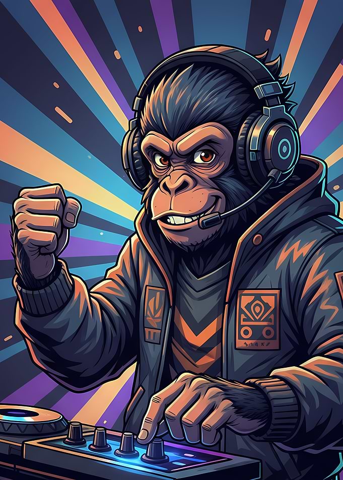 DJ Monkey with Headphones and Mixer