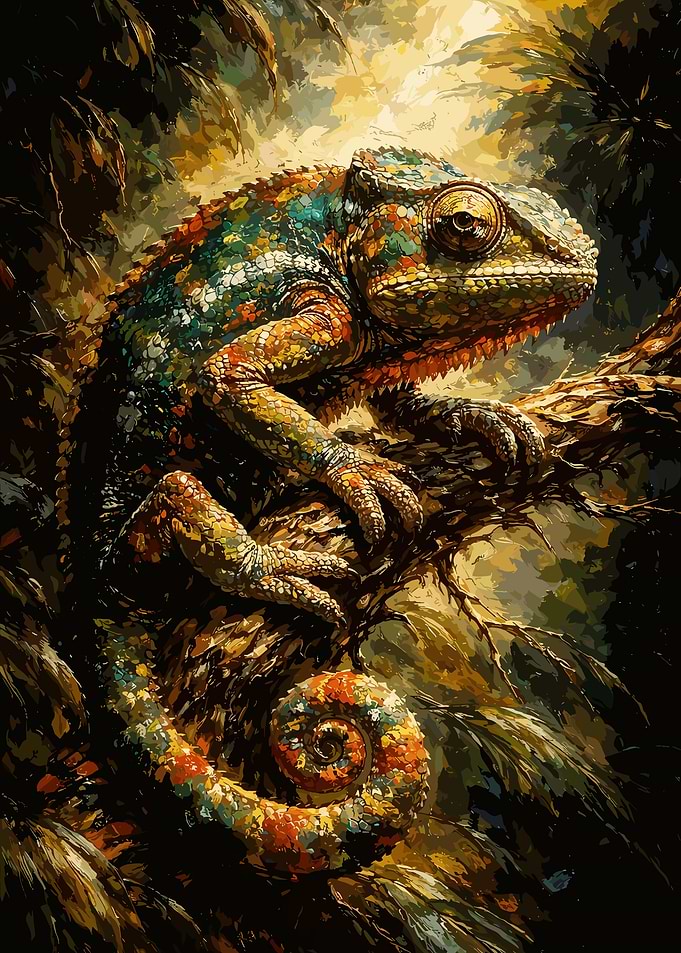 Colorful Chameleon Poster, Vibrant Wildlife Wall Art, Detailed Nature Illustration Print