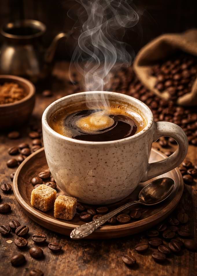 Steaming Coffee Cup with Sugar Cubes
