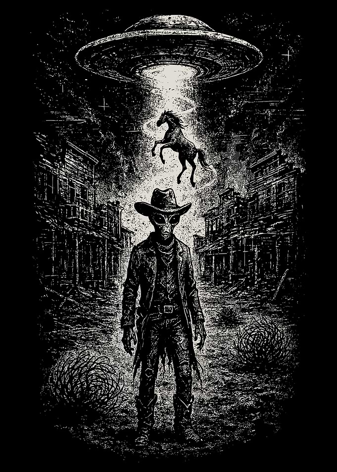 Alien Cowboy Poster, UFO Abduction Western Art, Dark Sci Fi Wall Print