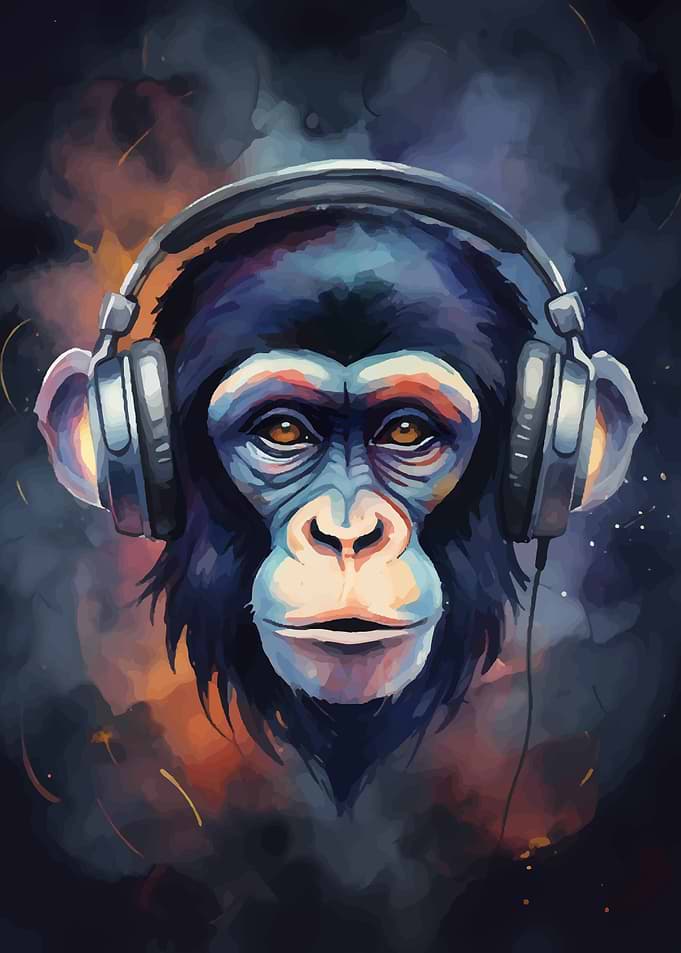 Chimpanzee wearing headphones, watercolor painting