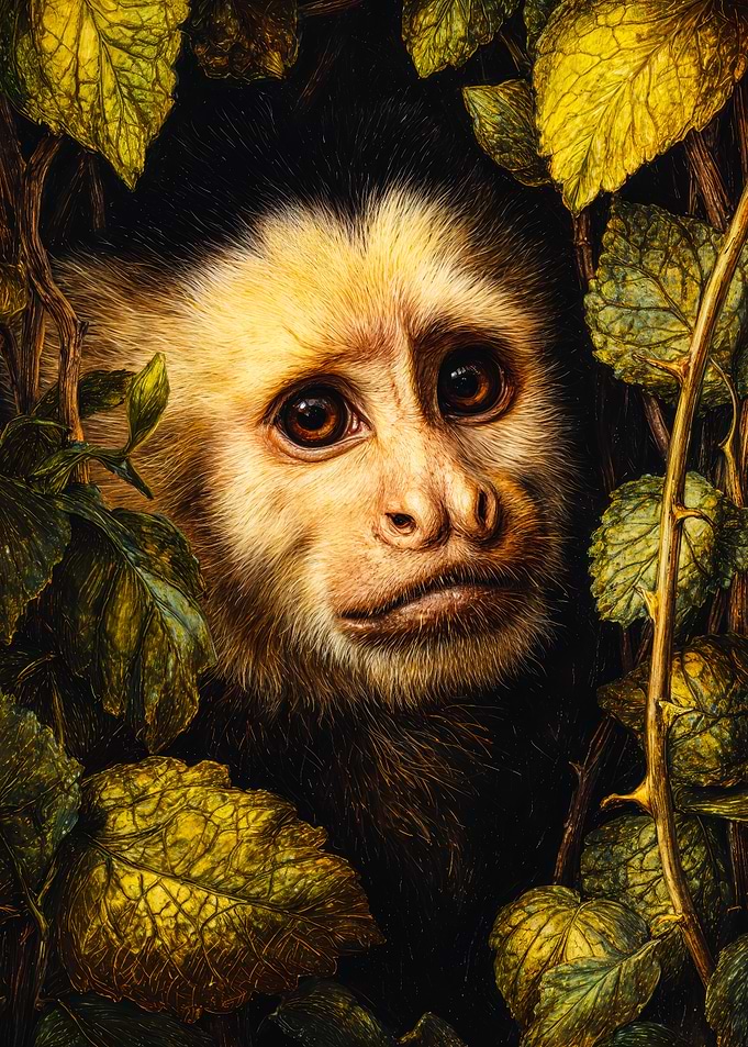 Detailed Capuchin Monkey Illustration Foliage