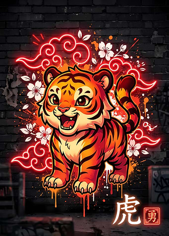 Cute Tiger with Neon Clouds and Cherry Blossoms