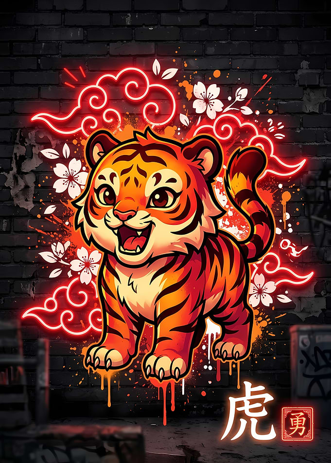 Cute Tiger with Neon Clouds and Cherry Blossoms