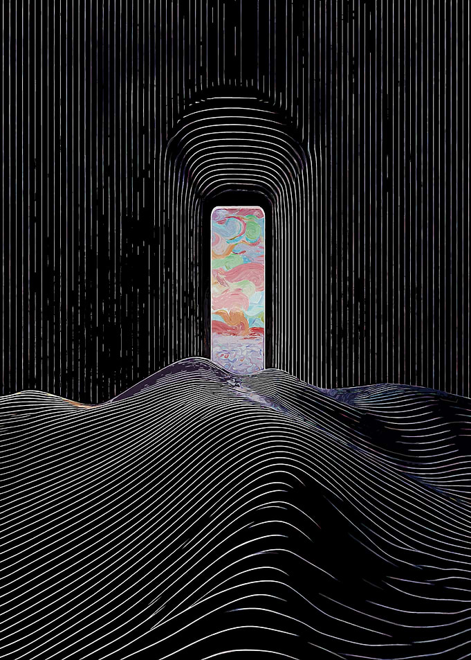 Abstract Digital Art with Tunnel and Landscape