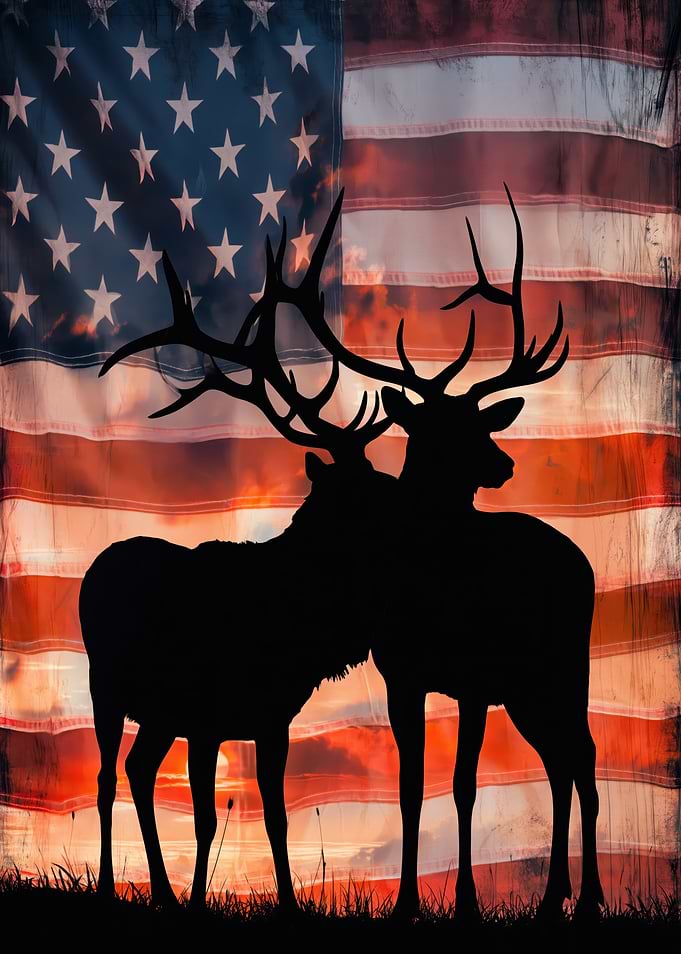 Elk Silhouettes Against American Flag