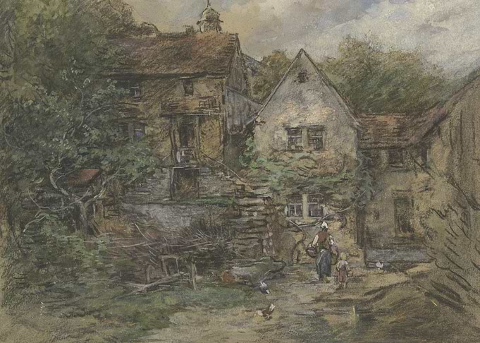 Rural Village Scene with Figures and Animals
