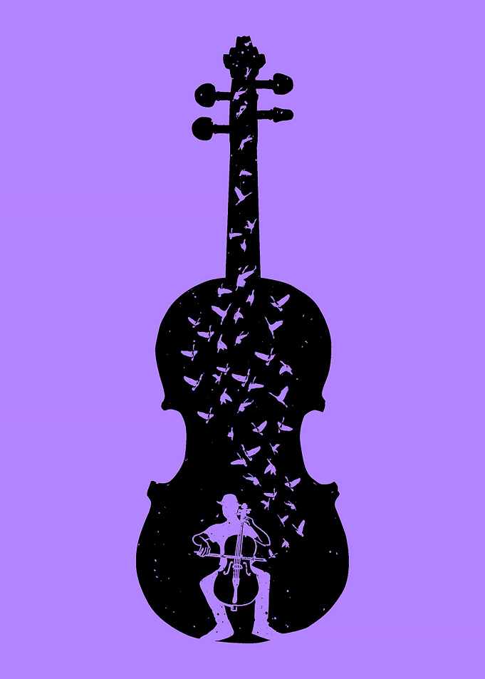 Cellist and Birds Silhouette - Cello - Playing Cello