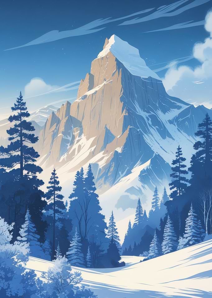 Snowy Mountain Landscape with Pine Trees