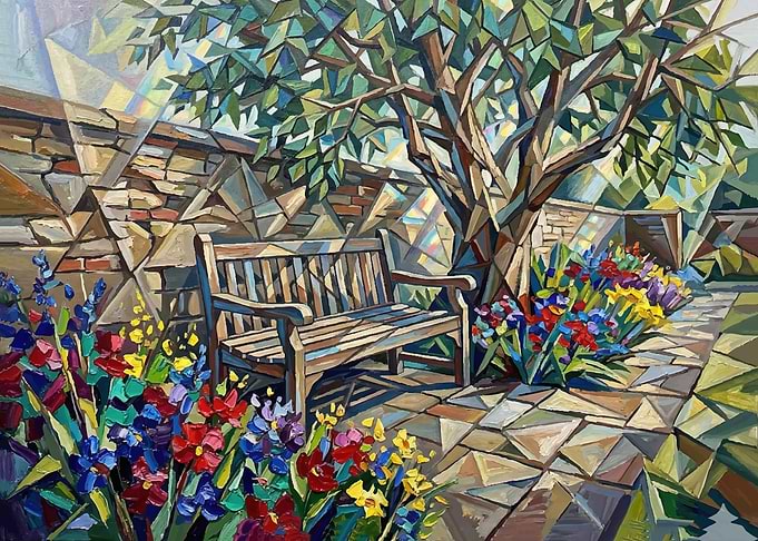 Garden Bench with Irises and Stone Wall