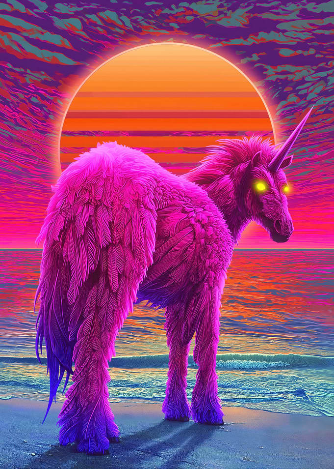 Pink Feathered Unicorn on Beach