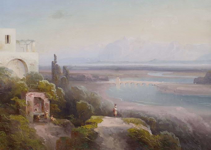 Idyllic Landscape with Ancient Ruins and Distant Mountains