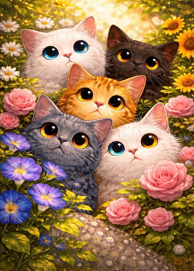 Cute Kittens in a Floral Garden