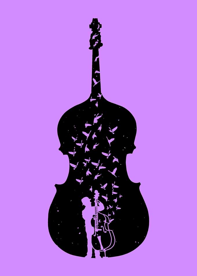Double Bass Silhouette with Birds