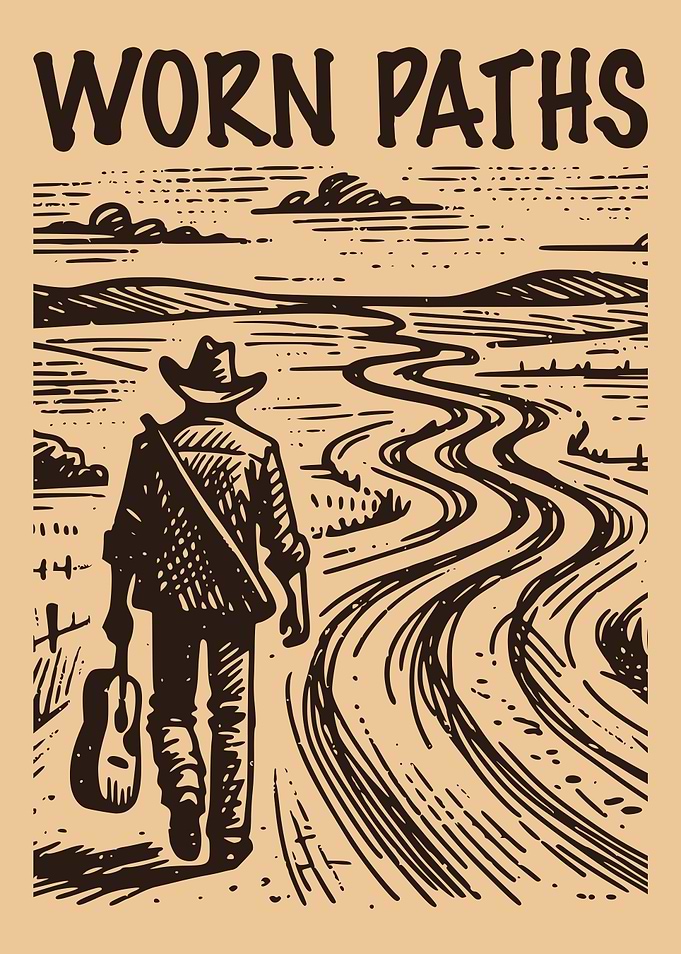 Worn Paths Western Poster – Lone Traveler Desert Road Vintage Illustration