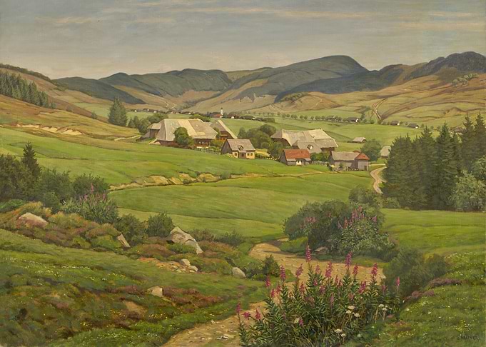 Pastoral Landscape with Village and Mountains