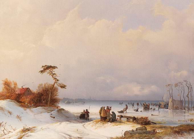 Winter Ice Skating Scene with Figures and a House