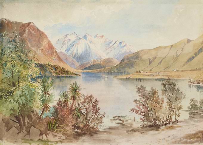 Watercolor Landscape of a Lake and Mountains