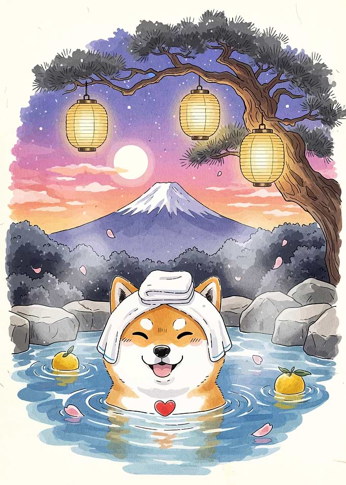 Shiba Inu enjoying an onsen with Mount Fuji