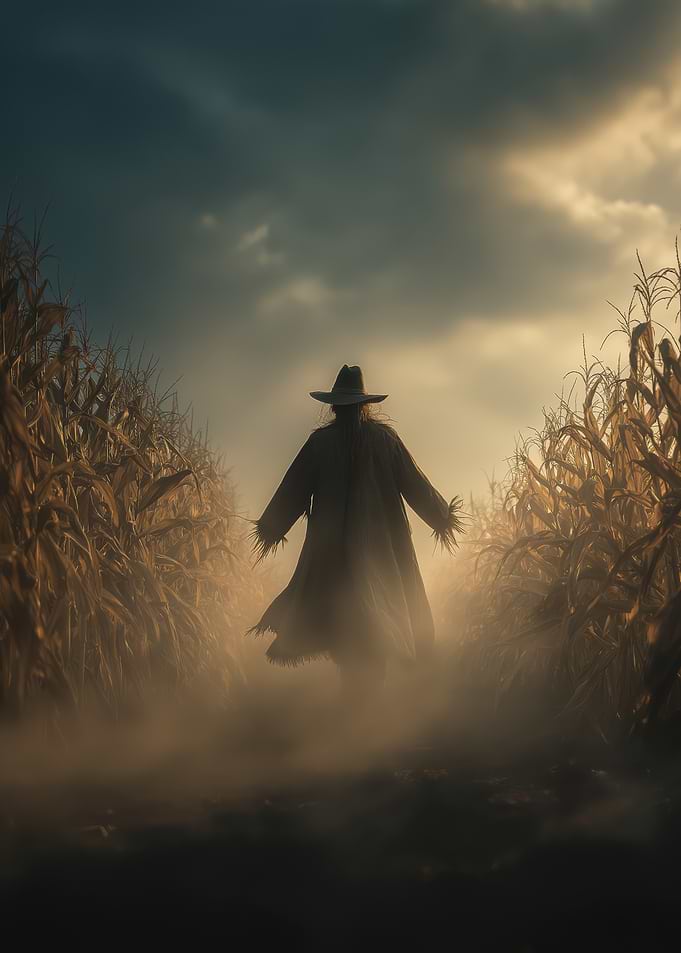 Scarecrow in a Misty Cornfield