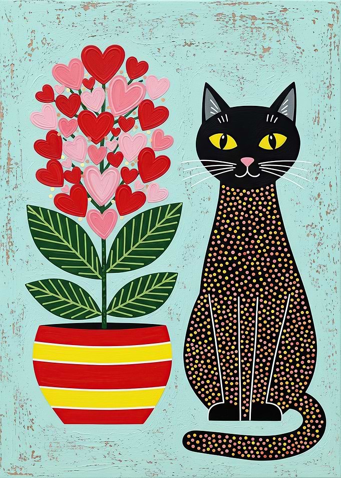 Black Cat with Heart Flower Pot