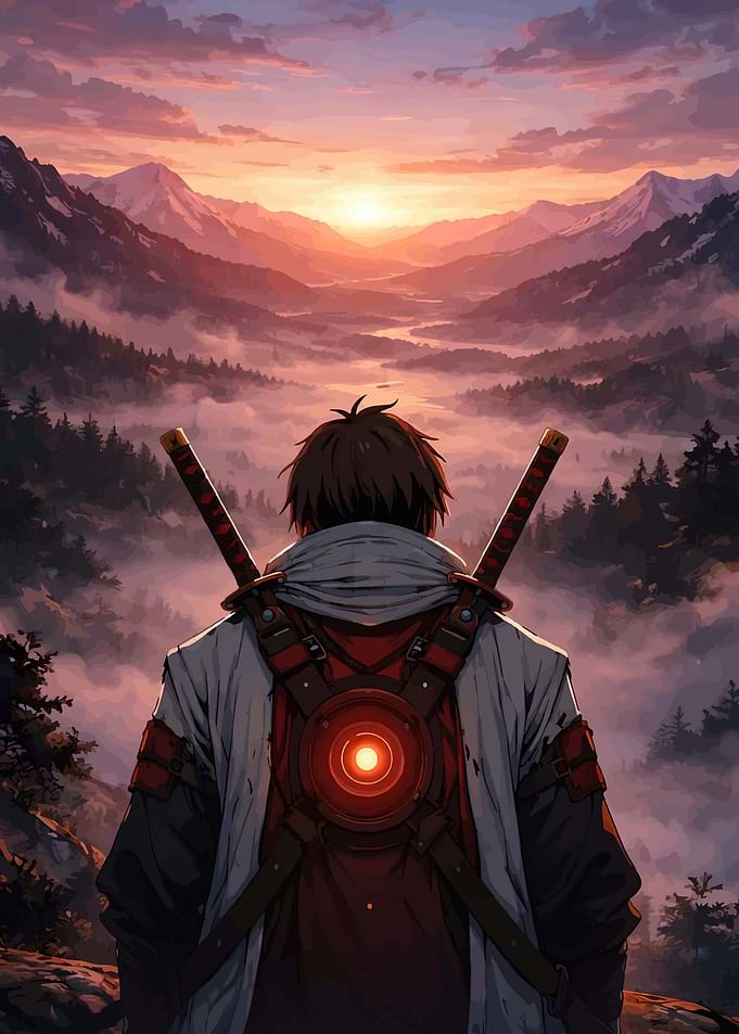 Samurai Overlooking Misty Mountains at Sunset