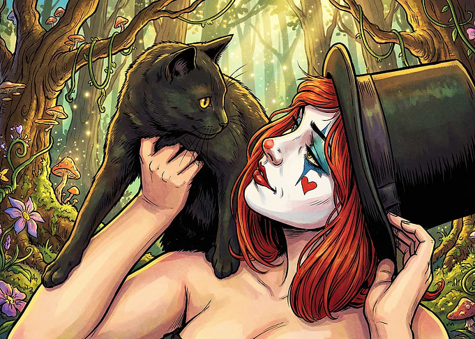 Clown Woman with Black Cat in Forest