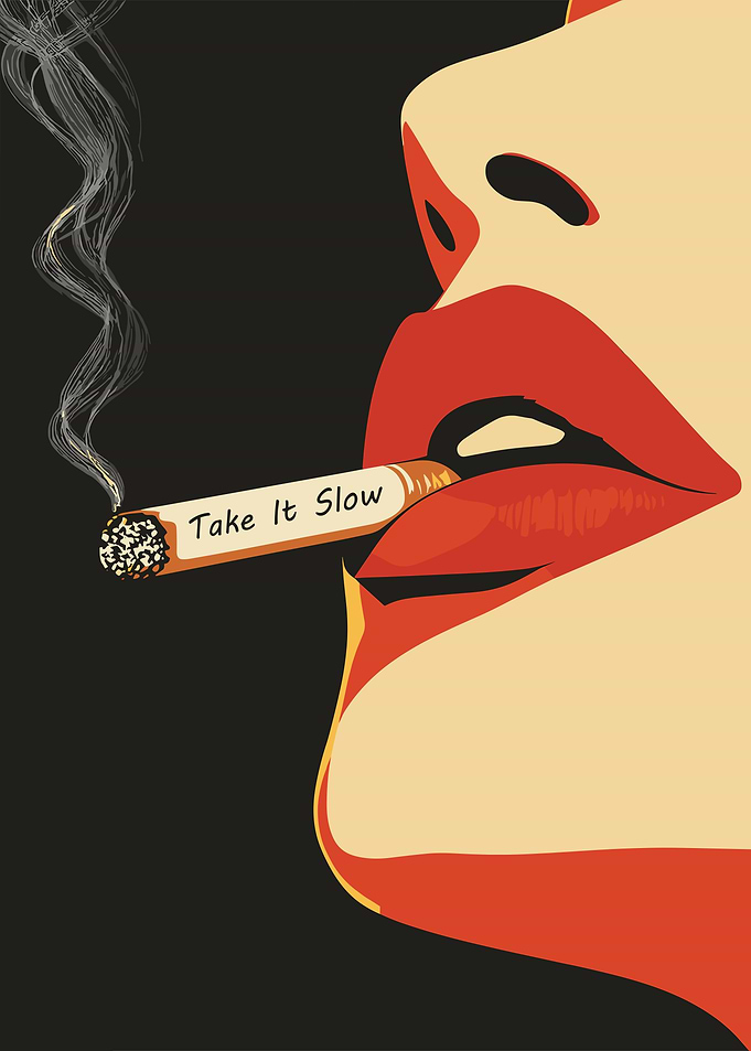 Woman smoking with text