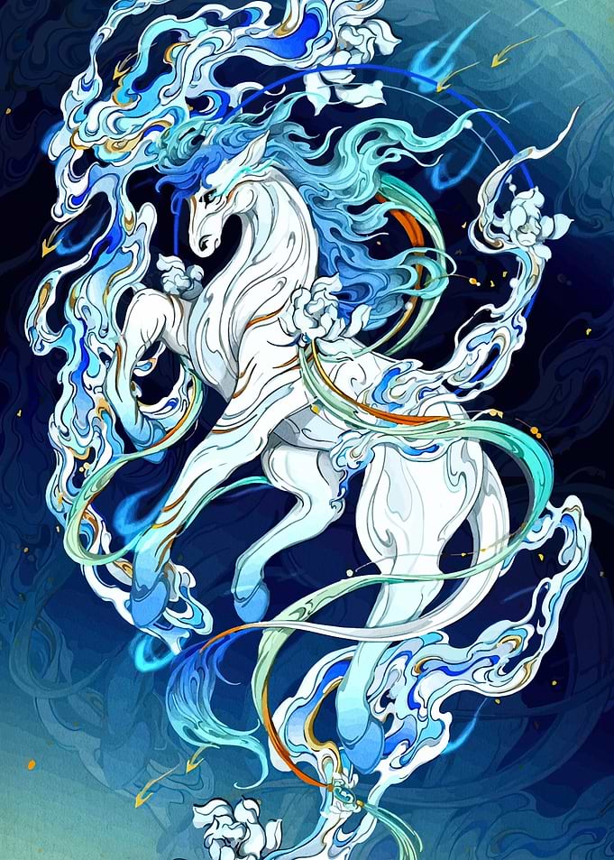 Mythical White Horse with Blue Swirls