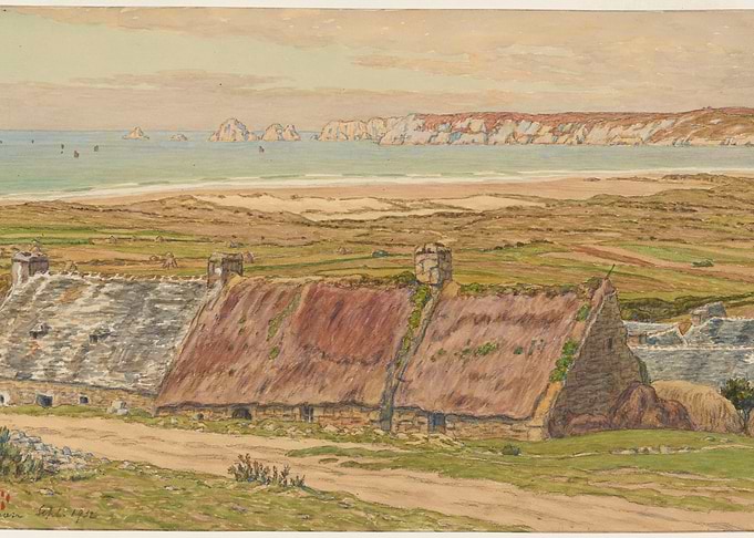 Coastal Village with Thatched Roof Cottages