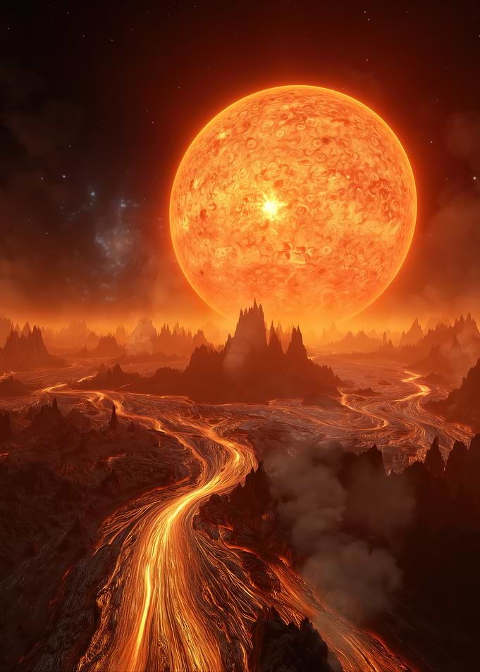 Alien Lava Landscape Under a Giant Sun