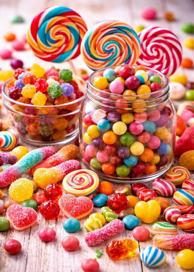 Assortment of Colorful Candies and Lollipops